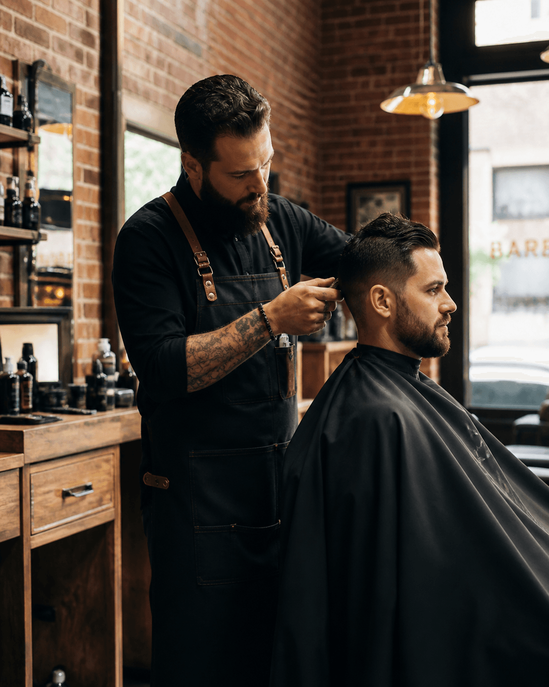 Barbero cortando el cabello a un cliente en una barbería moderna