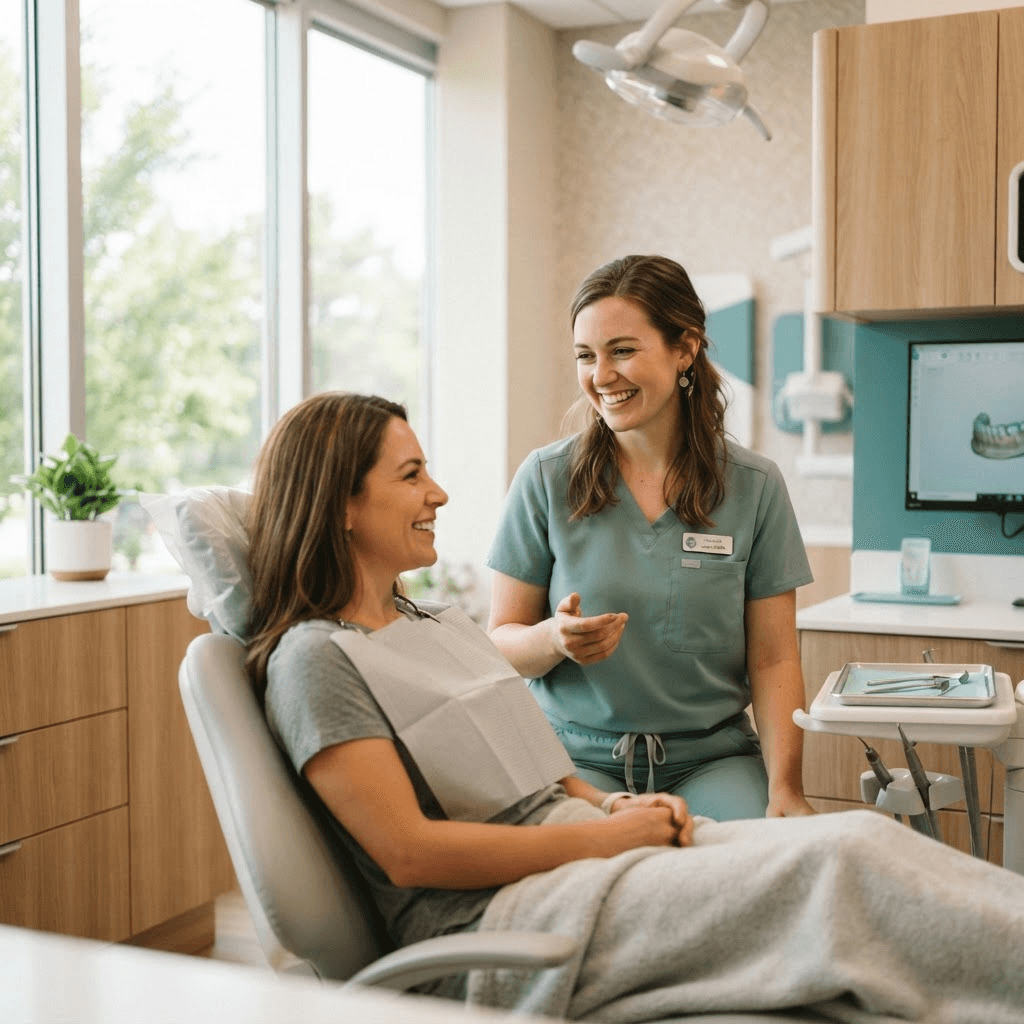 Odontóloga sonriendo mientras atiende a una paciente en un consultorio dental luminoso